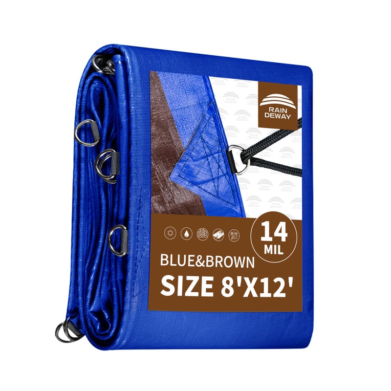 RAINDEWAY Tarp 8x12 Feet Heavy Duty Tarps 14 Mils with Metal Rings and Reinforced Corners and Edges,Waterproof,UV Resistant, Multipurpose Poly Tarp,Blue/Brown tarp - Image 1